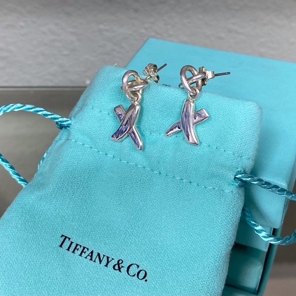 Tiffany & Co. RARE Paloma Picasso Silver Kiss X Graffiti Dangle Earrings - Picture 7 of 13
